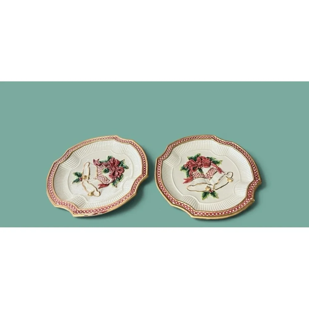 2 Fitz & Floyd Holiday Bells Christmas 2003 Canape Candy Cookie‎ Serving Plates
